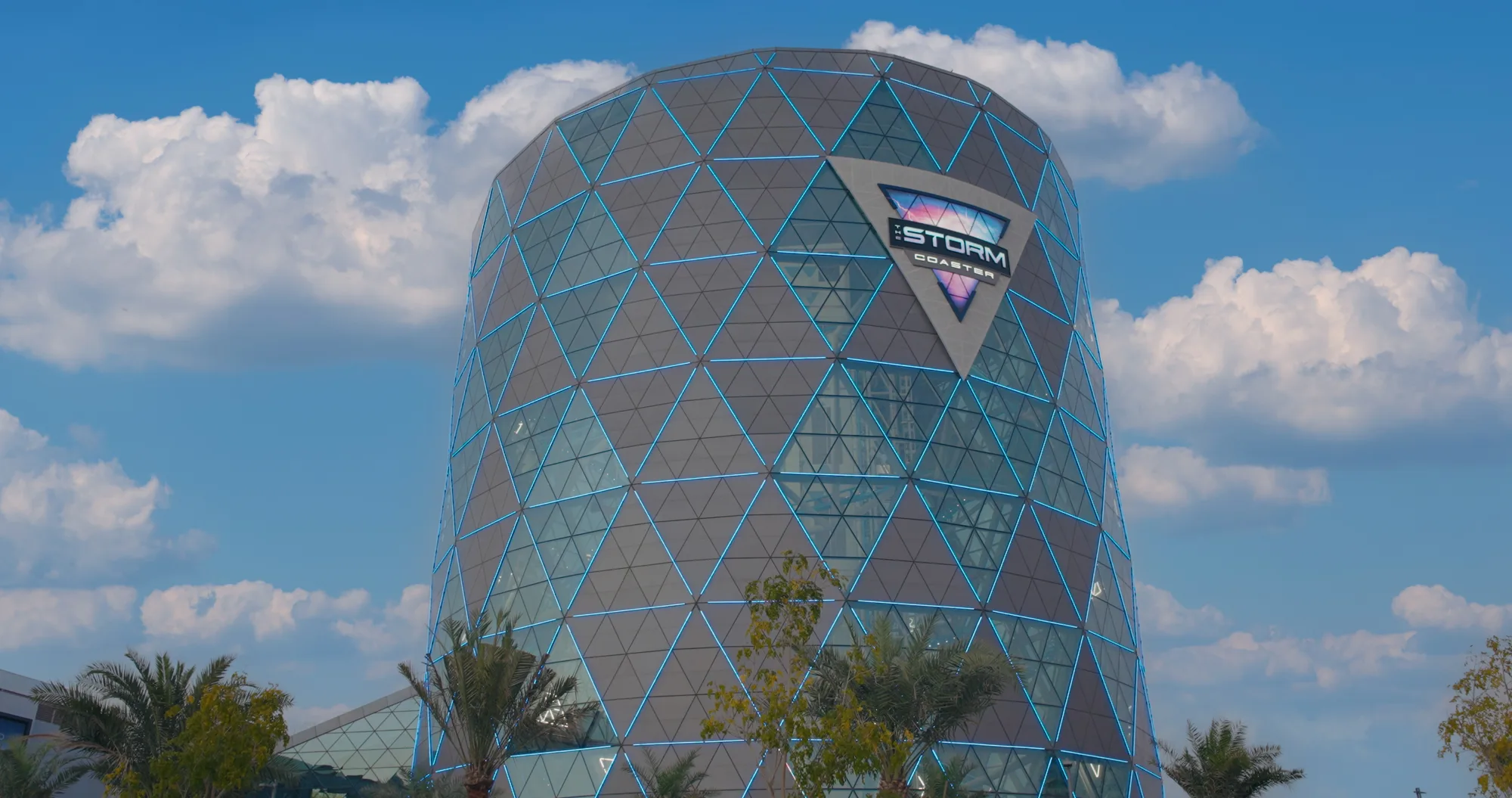 The Storm - Dubai Hills indoor coaster's outside view of the building at sunset