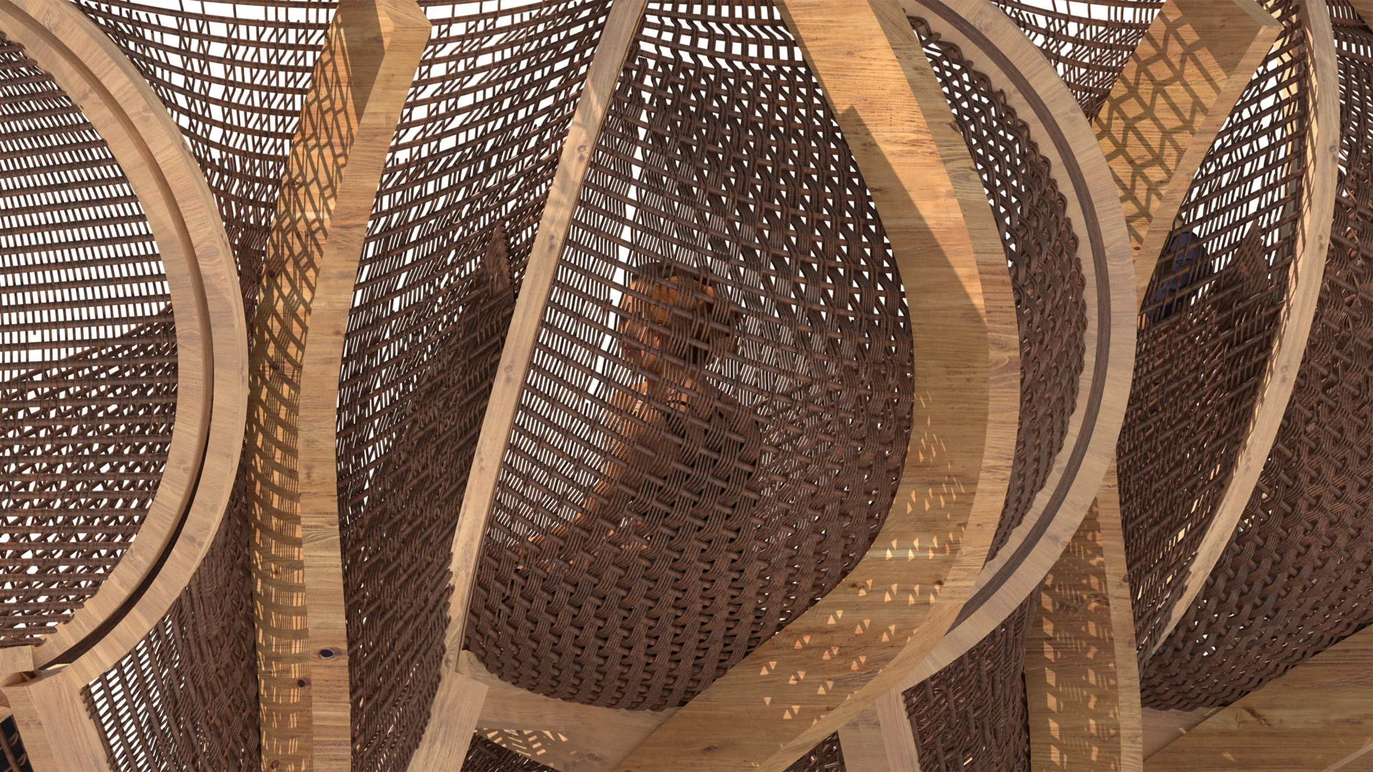 Close up of the wooden structure with a people sat in the shapes