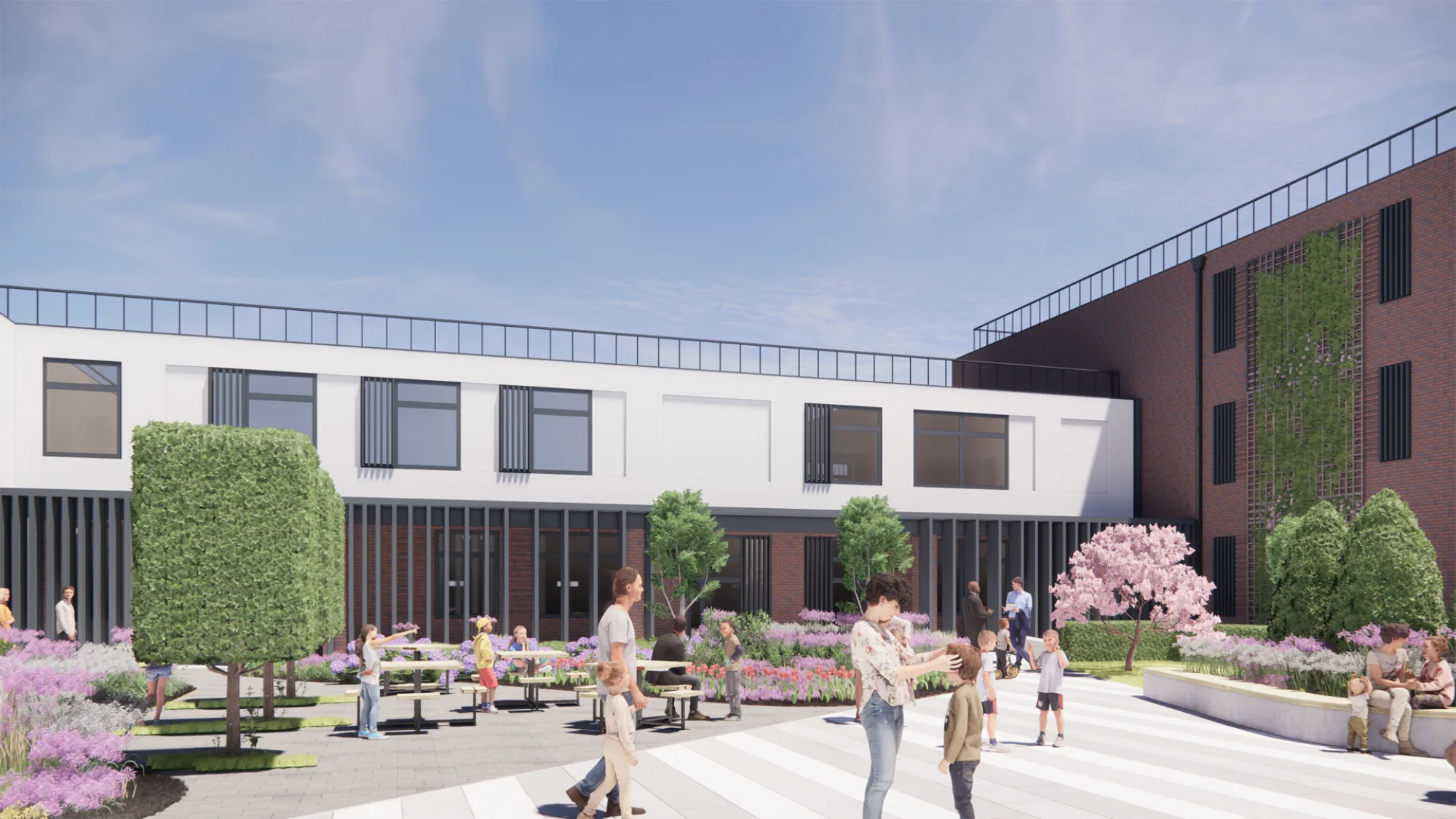 Computer generated image of the grey-paved courtyard surrounded by trees and red-bricked building