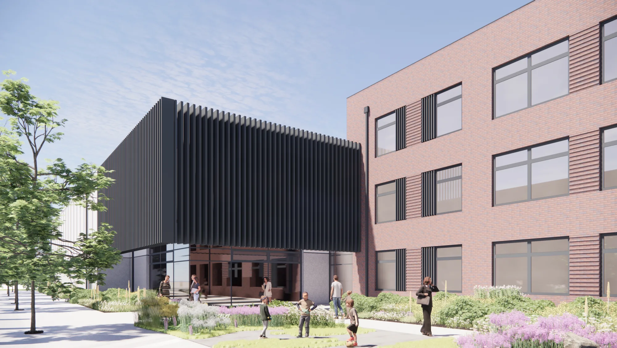 Computer generated image of the community entrance of the school